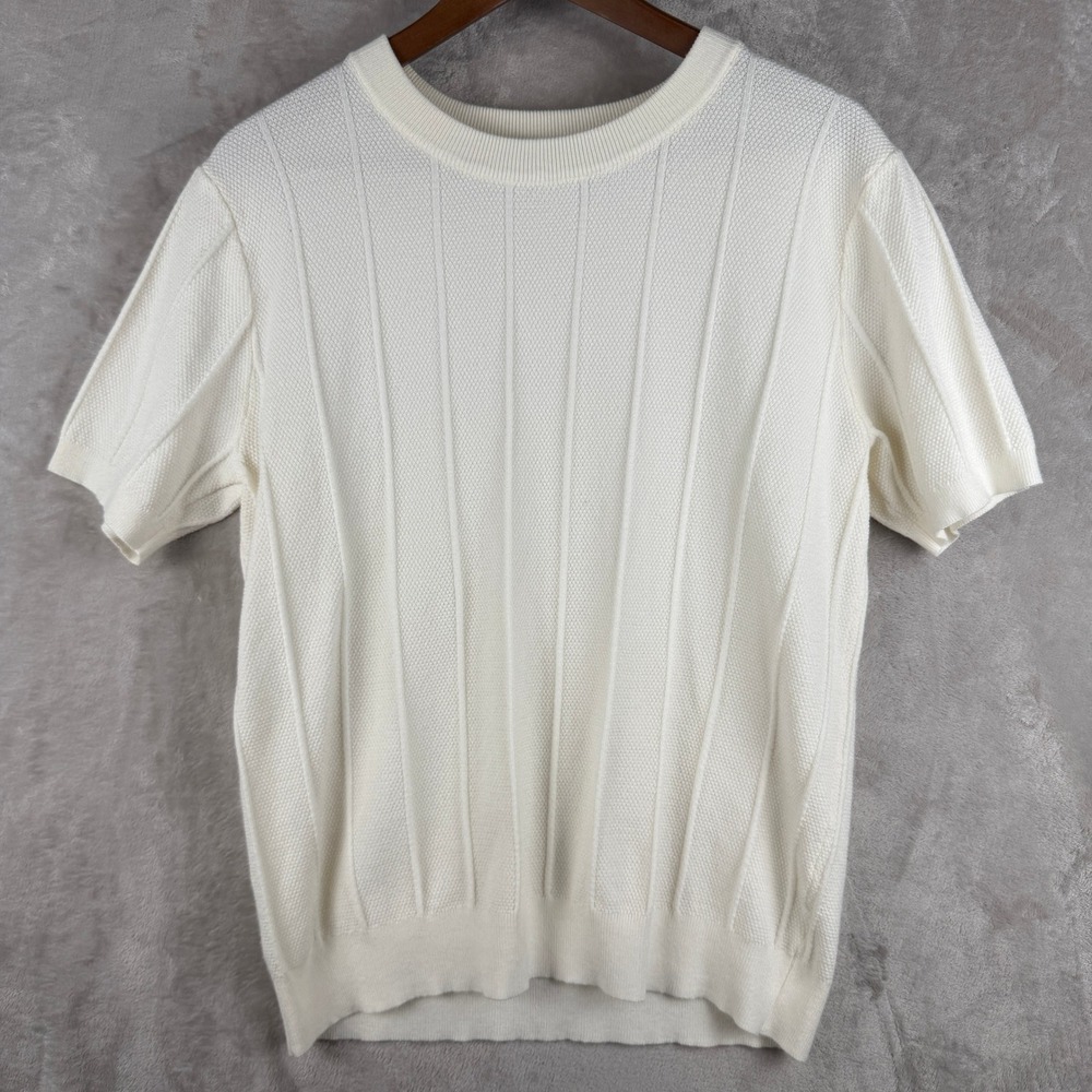 Mens Cream White Textured Ribbed Short Sleeve‎ Knit Top Size M sm230724656153